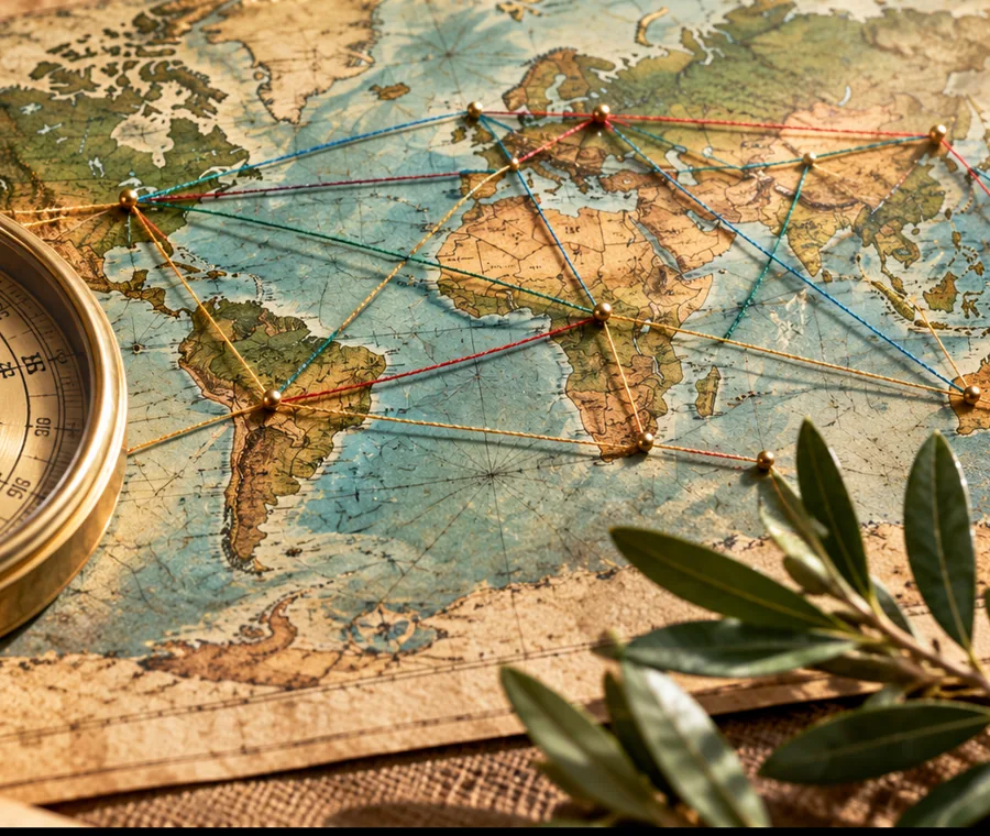 Conceptual compass and world connections — newly created illustration